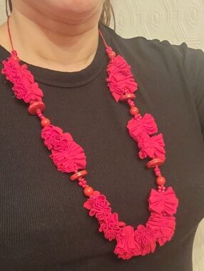Handmade Red Floral Fabric Bead Necklace - Boho Women Jewelry